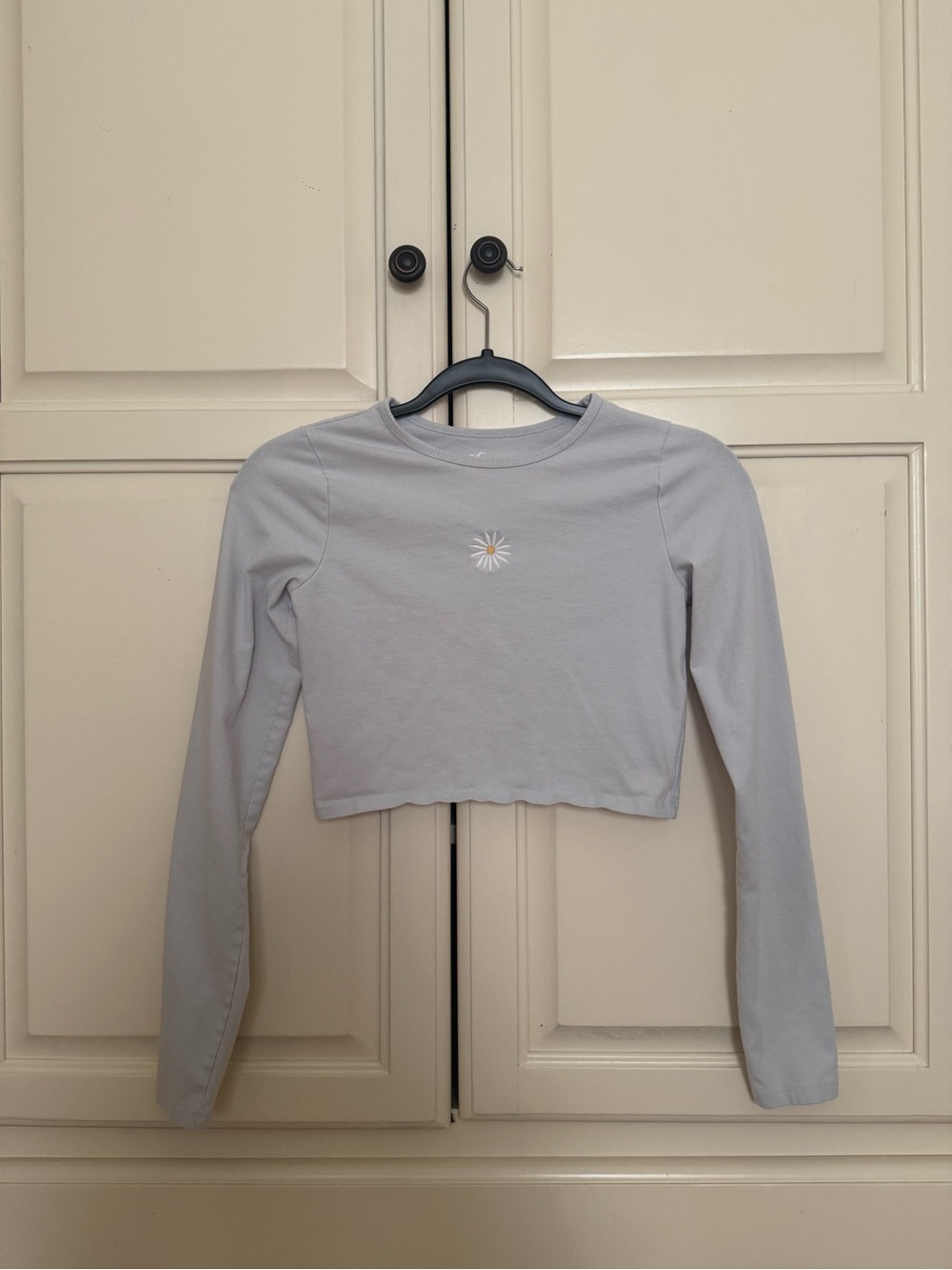 Hollister Light Gray Cropped Long Sleeve Top with Daisy Sunburst